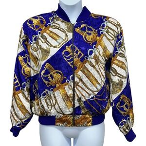 VTG DMD Jacket Womens XL Blue‎ Gold Baroque Swords Scarf Print Satin 80s